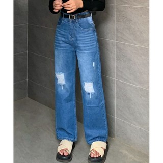 Quần jean nữ ống suông rách gối 0364, Quần bagyy ống rộng cạp siêu cao