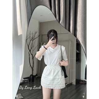 Set áo đệm vai kèm chân váy phối ren - liing