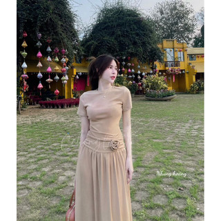 Váy Tăm Hàn Nhún Eo Hoa Dáng Dài