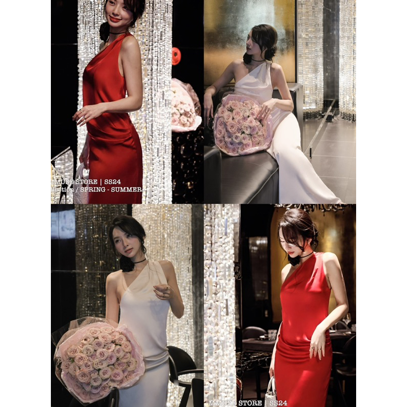 Đầm lụa lệch vai nhún eo đơn giản sang trọng