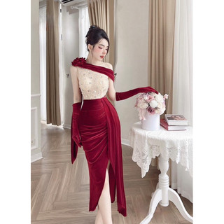 Đầm body dự tiệc TRIPBLE T DRESS nhung xẻ tà kèm bao tay - Size S/M/L