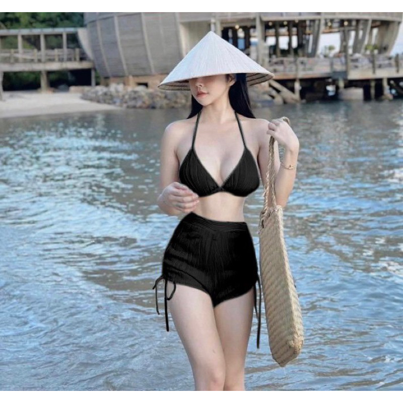 Bộ bikini quần đùi áo cột yếm hở lưng có mút, set đồ bơi đi biển màu đen trắng áo tắm tôn dáng sang chảnh sexy G714 | BigBuy360 - bigbuy360.vn