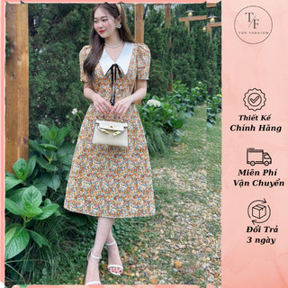 Váy hoa nhí thiết kế cổ bèo tiểu thư Tôn dáng, lớp lót trong mềm mại - Đầm hoa dự tiệc, công sở sang trọng