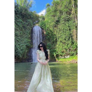 Đầm Suông Maxi Dáng Dài Chất Tơ 2 Lớp Mềm Mại Phối Tay Cánh Tiên Thắt Dây Eo Tone Màu Xanh Cốm Nhẹ Nhàng, Nàng Thơ