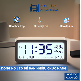 Đồng hồ led để bàn màn hình LCD cao cấp đo nhiệt độ và độ ẩm, Đồng hồ báo thức kỹ thuật số báo thức kép tích hợp đa đăng
