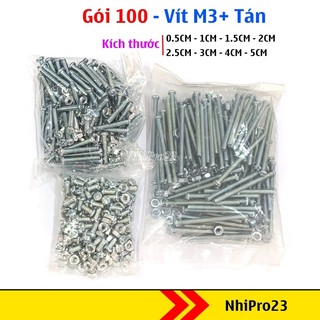 Gói 100 Bộ ốc Vít m3 + tán ren mịn đầu bake nhiều kích thước chuyên dụng