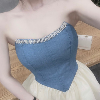 Váy cúp dây đá denim phối chân tơ