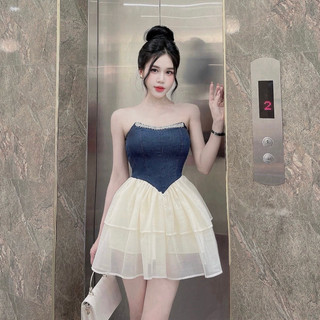 Váy cúp dây đá denim phối chân tơ