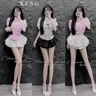 Set áo sơmi cổ sen tay bồng chân váy xoè tầng tiểu thư
