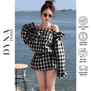 Váy sọc cotton karo trễ vai 𝐁𝐀𝐆𝐄𝐎 tay dài dáng ngắn chun eo mix match cổ tua rua trẻ trung