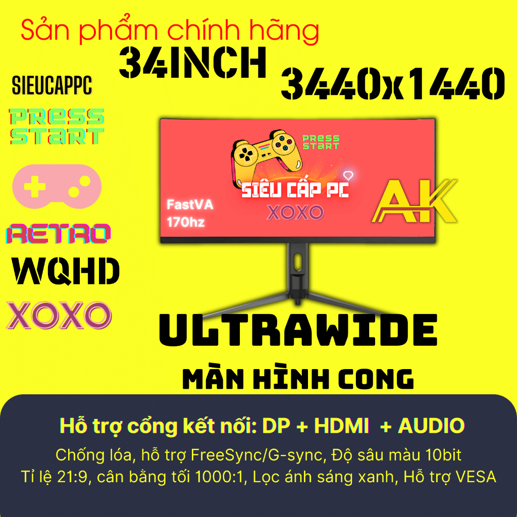 Màn hình UltraWide D34 34inch 21:9 2K+ 170Hz Mới