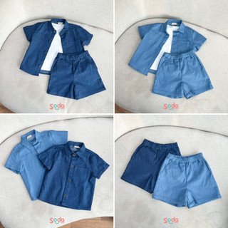 Bộ quần áo denim cho bé trai phối áo trắng trơn phong cách Hàn Quốc