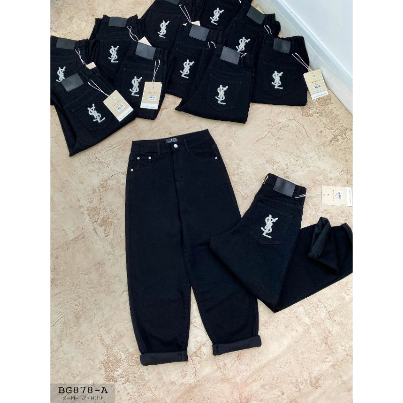 QUẦN BAGGY JEANS ĐEN CO GIẢN THÊU TÚI YSL