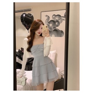 Set váy 2 dây bèo tầng và áo khoác cardigan unihomeclothing ca087