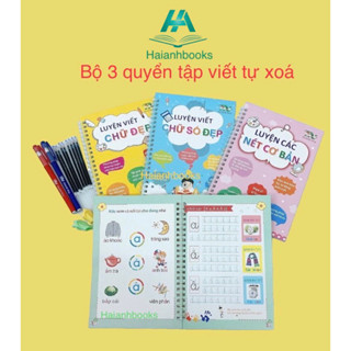 Sách - Bộ 3 Quyển Vở Luyện Viết Tự Xoá Tập Tô Chữ Số Cho Bé 3 4 5 Tuổi Mẫu Giáo Tặng 8 ruột+2 vỏ bút + 2 định vị cầm bút