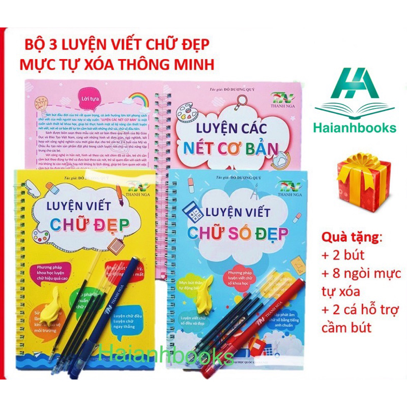 Sách - Bộ 3 Quyển Vở Luyện Viết Tự Xoá Tập Tô Chữ Số Cho Bé 3 4 5 Tuổi Mẫu Giáo Tặng 8 ruột+2 vỏ bút + 2 định vị cầm tay