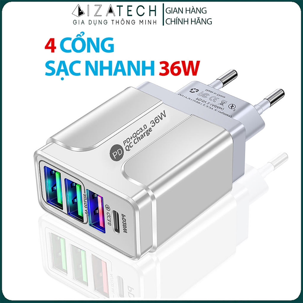 Cục Sạc Nhanh 4 Cổng Sạc USB 36W/2.4A/QC3.0 Sạc Đồng Thời 4 Thiết Bị Sử Dụng Công Nghệ AI Độc Quyền - GIZATECH