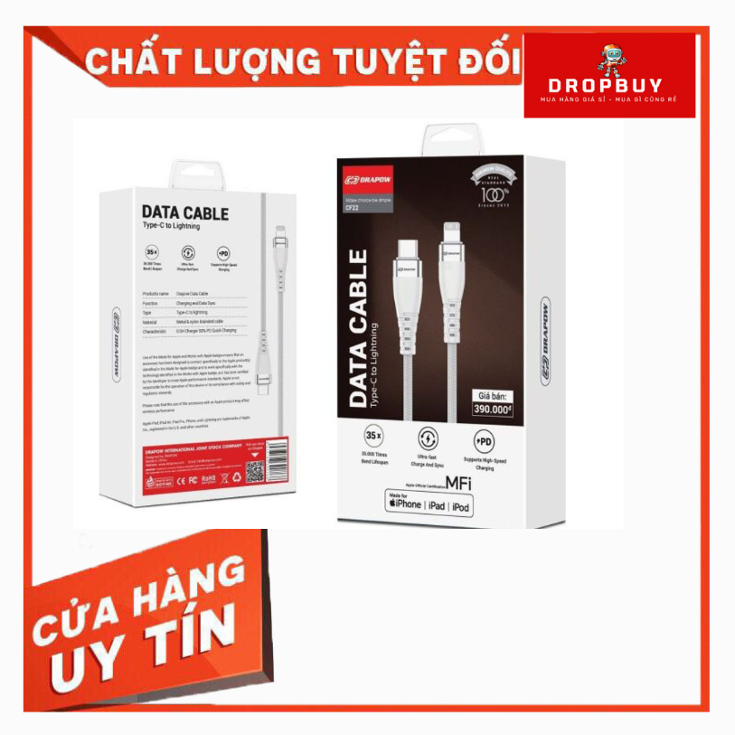 Dây cáp sạc nhanh 3M cho iPhone C to L chuẩn MFI hãng DRAPOW CF22