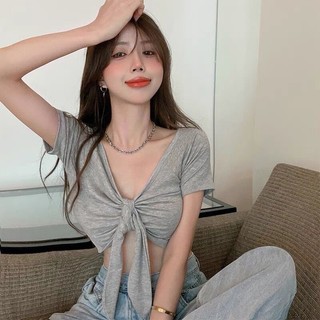 Áo kiểu cổ v dáng croptop tay ngắn mặc được 2 kiểu buộc dây eo dễ thương chất borip cotton mịn mát thời trang