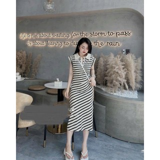 Đầm thun cổ đức rúm eo che khuyết điểm_Đầm polo kẻ nhún eo cotton xịn