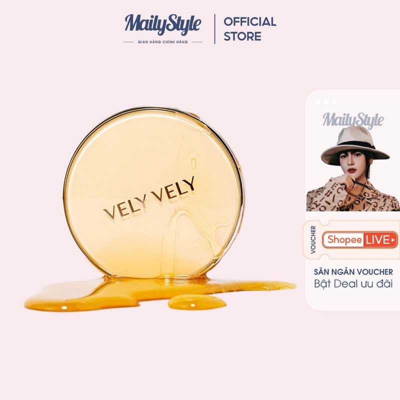 A218_ Cushion Trang Điểm Aura Honey Glow Vely VeLy Vàng Độ Phủ Cao, Giúp Da Căng Mịn, Tự Nhiên - Tặng Kèm Lõi