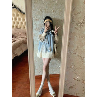 đầm babydoll phối ren cột nơ cổ tay dài