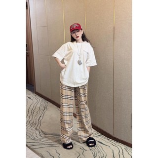 Set Áo Thun Phông Cotton Phối Quần Suông Kẻ Sọc Caro Freesize Style Basic