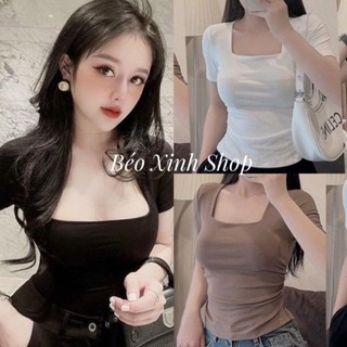 Áo thun cổ vuông thắt eo séc xy thời trang nữ