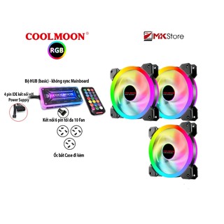 Bộ 3 Quạt tản nhiệt Fan Coolmoon v2 6 pin RGB và bộ HUB điều khiển MKStore