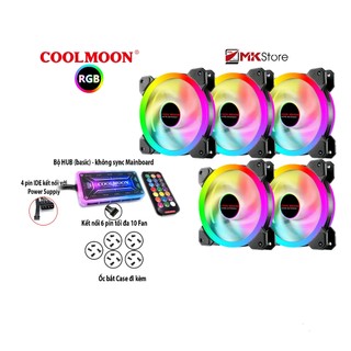 Bộ 5 Quạt tản nhiệt Fan Coolmoon v2 6 pin RGB và bộ HUB điều khiển MKStore