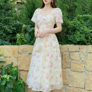 ĐẦM VOAN HOA CỔ VUÔNG HỌA TIẾT HOA TÍM SIÊU ĐẸP THANH LỊCH