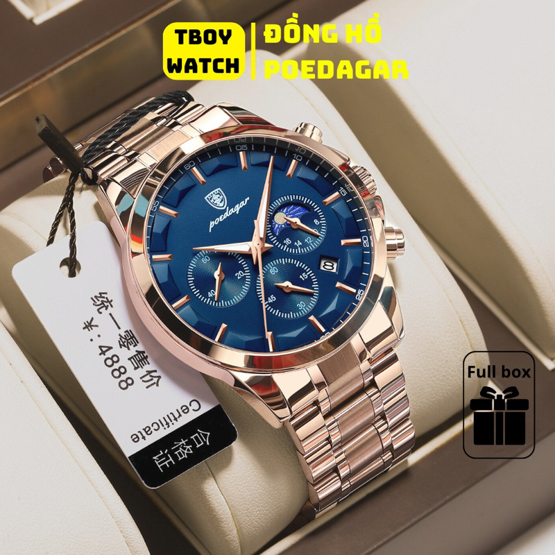 Đồng hồ nam Poedagar 928 Chính Hãng 6 Kim cao cấp dây kim loại vàng sang trọng kim dạ quang phát sáng | BigBuy360 - bigbuy360.vn