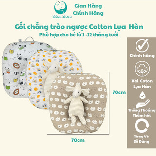 Gối chống trào ngược cho bé sơ sinh cao cấp chất liêu Cotton Lua Hàn 70x70cm nhà MonMon Tặng kèm vòng dâu tằm