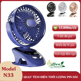 Quạt Mini Quạt Kẹp Bàn Tích Điện Pin 15.000mAh 5 Tốc Độ Gió Tích Hợp Đèn Ngủ Và Màn Hình LED