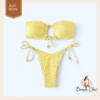 Beach chic bikini 2 mảnh trơn dây buộc đính cườm