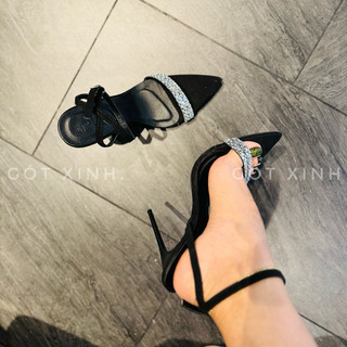 giày sandal cao gót nữ 2 quoai đá mũi nhọn cao 8->12phân (2D) shoes