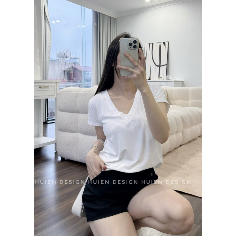 Áo phông nữ tay ngắn cổ V Huien Design chất cotton co giãn, áo thun nữ basic form suông