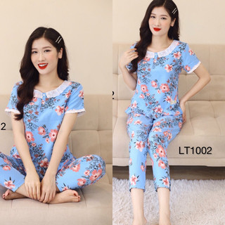 Bộ mặc nhà chất lua, áo cộc quần dài, cổ 2 lá mềm mịn mát, thấm hút mồ hôi