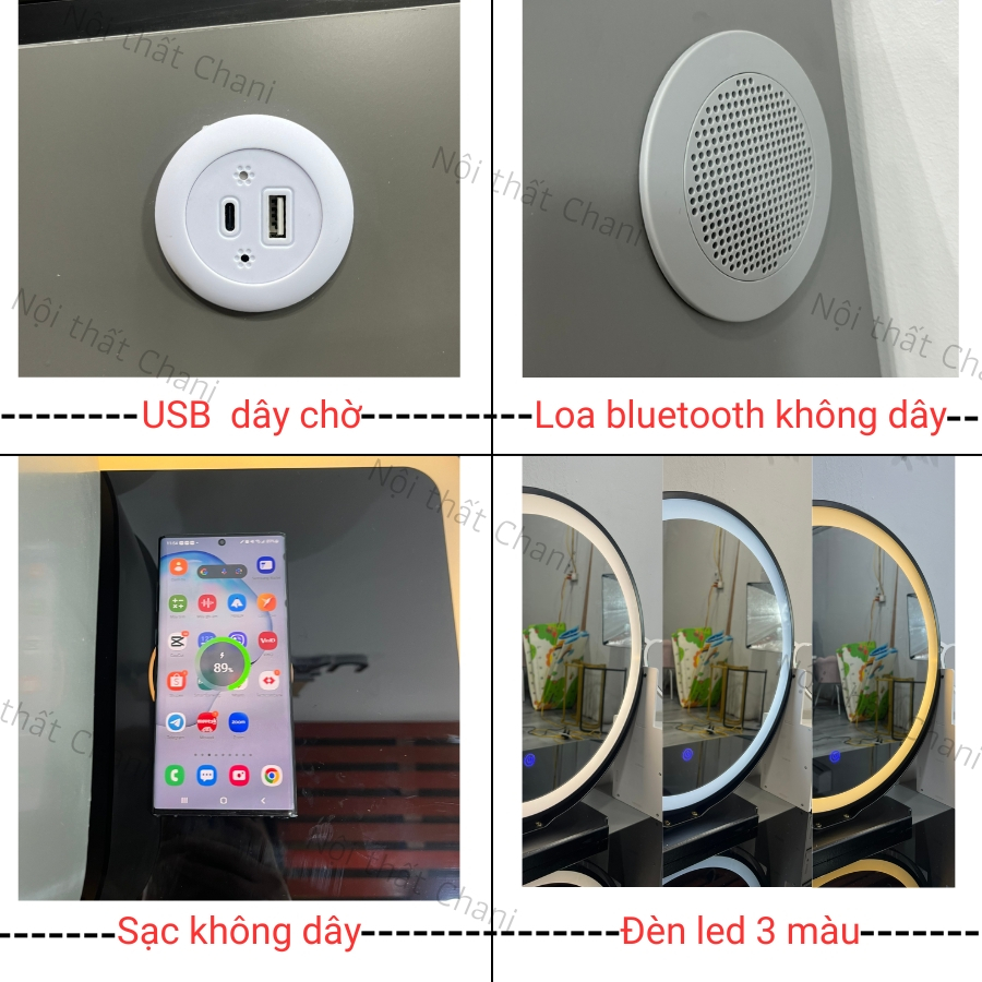 Bàn trang điểm thông minh có đèn led, Bàn phấn có sạc không dây cao cấp, kết nối loa bluetooth không dây, Tặng ghế -TN02