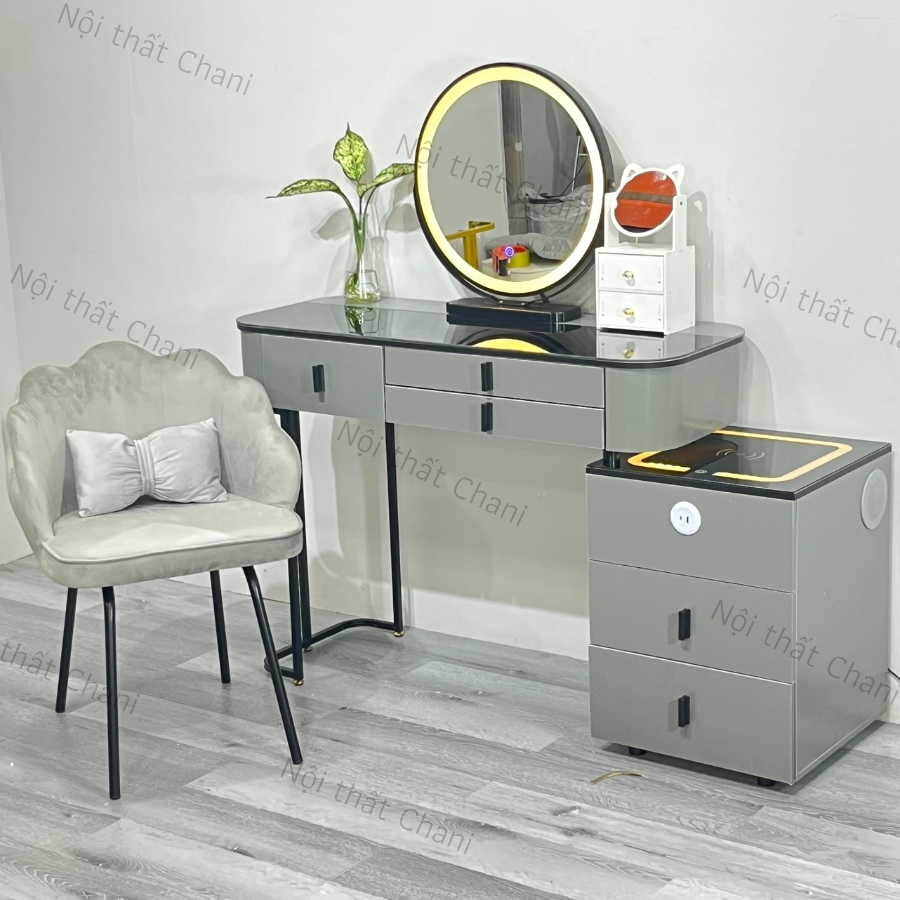Bàn trang điểm thông minh có đèn led, Bàn phấn có sạc không dây cao cấp, kết nối loa bluetooth không dây, Tặng ghế -TN02
