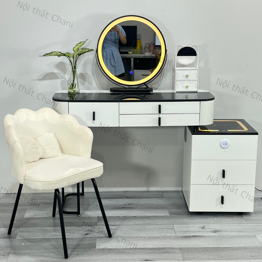 Bàn trang điểm thông minh có đèn led, Bàn phấn có sạc không dây cao cấp, kết nối loa bluetooth không dây, Tặng ghế -TN02