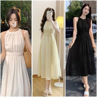 Váy đầm maxi vierlin xếp ly cổ yếm 2 lớp dáng dài chiết eo chun lưng thắt lụa hàn châu hàn quốc cực duyên dáng tiêu thư