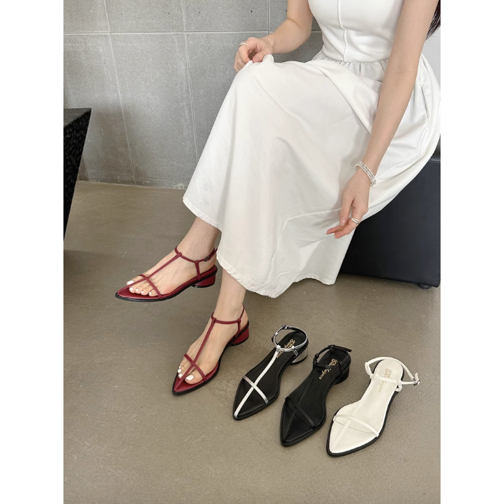 Giày sandals quai mảnh mũi nhọn đa năng phong cách Hàn Quốc, Giày sandal đế vuông 3 phân