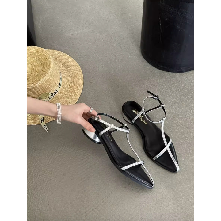 Giày sandals quai mảnh mũi nhọn đa năng phong cách Hàn Quốc, Giày sandal đế vuông 3 phân