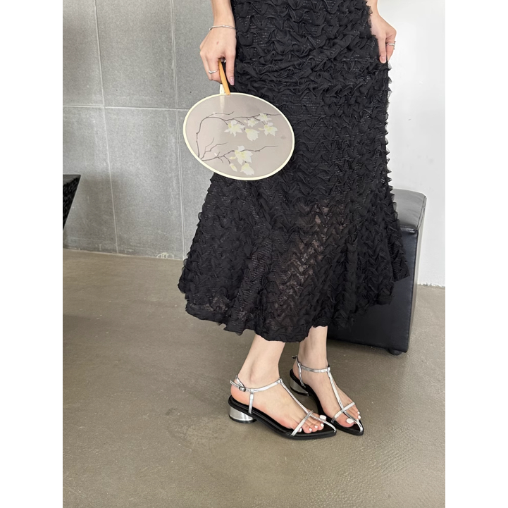 Giày sandals quai mảnh mũi nhọn đa năng phong cách Hàn Quốc, Giày sandal đế vuông 3 phân