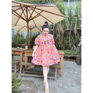 Đầm babydoll cổ bèo nhọn tay phồng in chấm bi, đầm xòe bồng chấm bi 2 màu trắng hồng đi chơi đi biển xinh xắn mtb