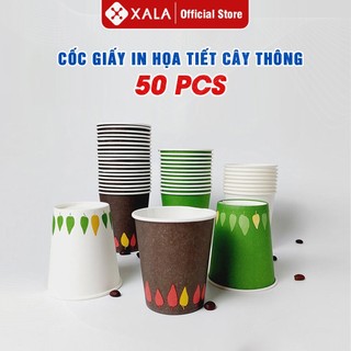 50 ly cốc giấy uống nước in hình họa tiết cây thông 3 màu làm stemp
