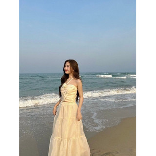 Hion Store - Set áo voan 2s nude + cv midi xòe