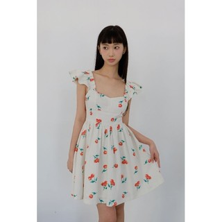 OLALASTUDIO Đầm linen dáng mini họa tiết cherry tay bèo Cherry Dress