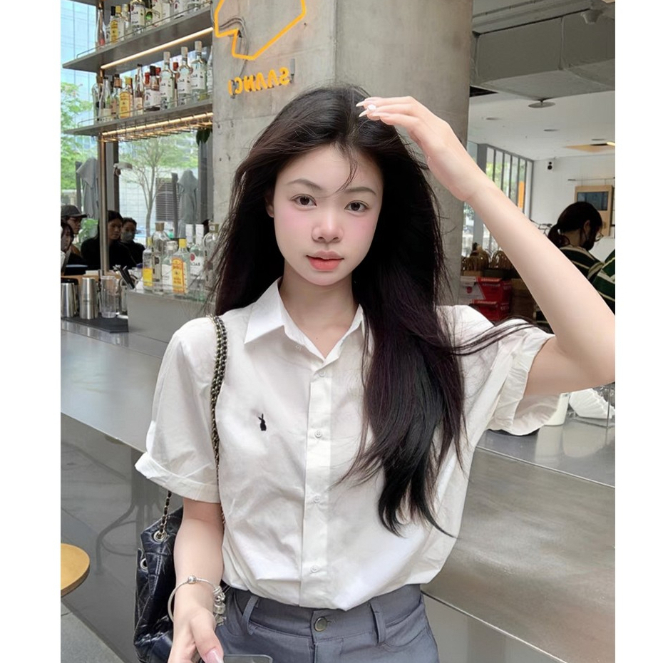 14Áo Sơ Mi Nữ Thêu Thỏ Tay Ngắn, Áo Sơ Mi Cộc Tay Chất Thô Nến Dày Dặn Phong Cách Hàn Quốc | BigBuy360 - bigbuy360.vn